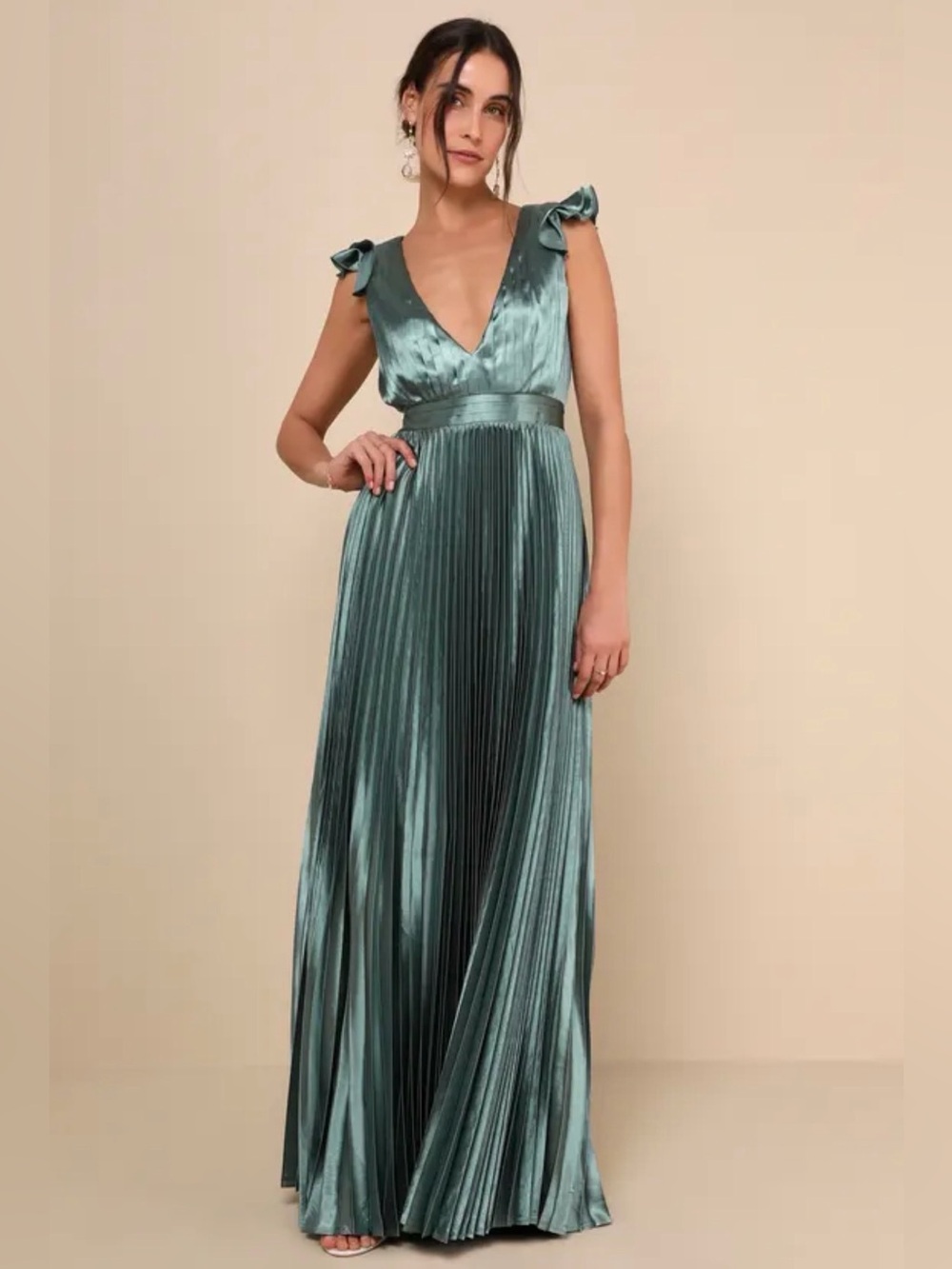 NEW LULUS Exceptional Drama Sage Green Satin Lace-Up Pleated Maxi Dress